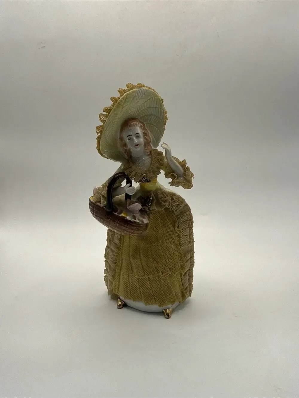 Vintage Porcelain Lace Lady Figurine 6” Victorian Woman Yellow Dress Bonnet *